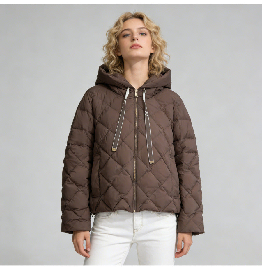 Hooded rhombus woven white duck down jacket