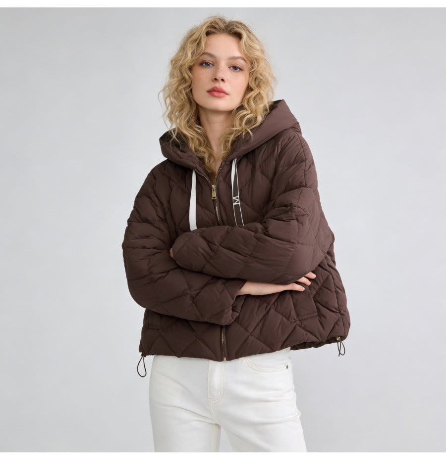 Hooded rhombus woven white duck down jacket