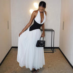 Pleated deep V-neck neck long dress