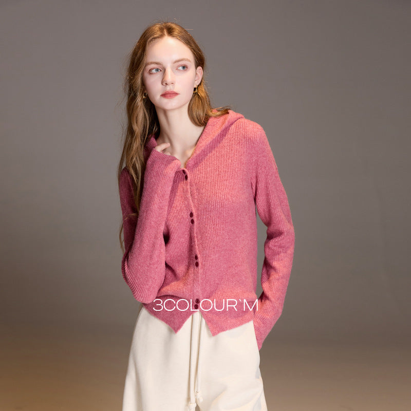 Hooded cardigan over wool jacket