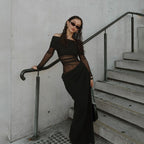 One-word shoulder mesh see-through long dress
