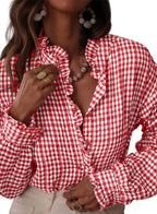 Plaid pleated V-neck shirt