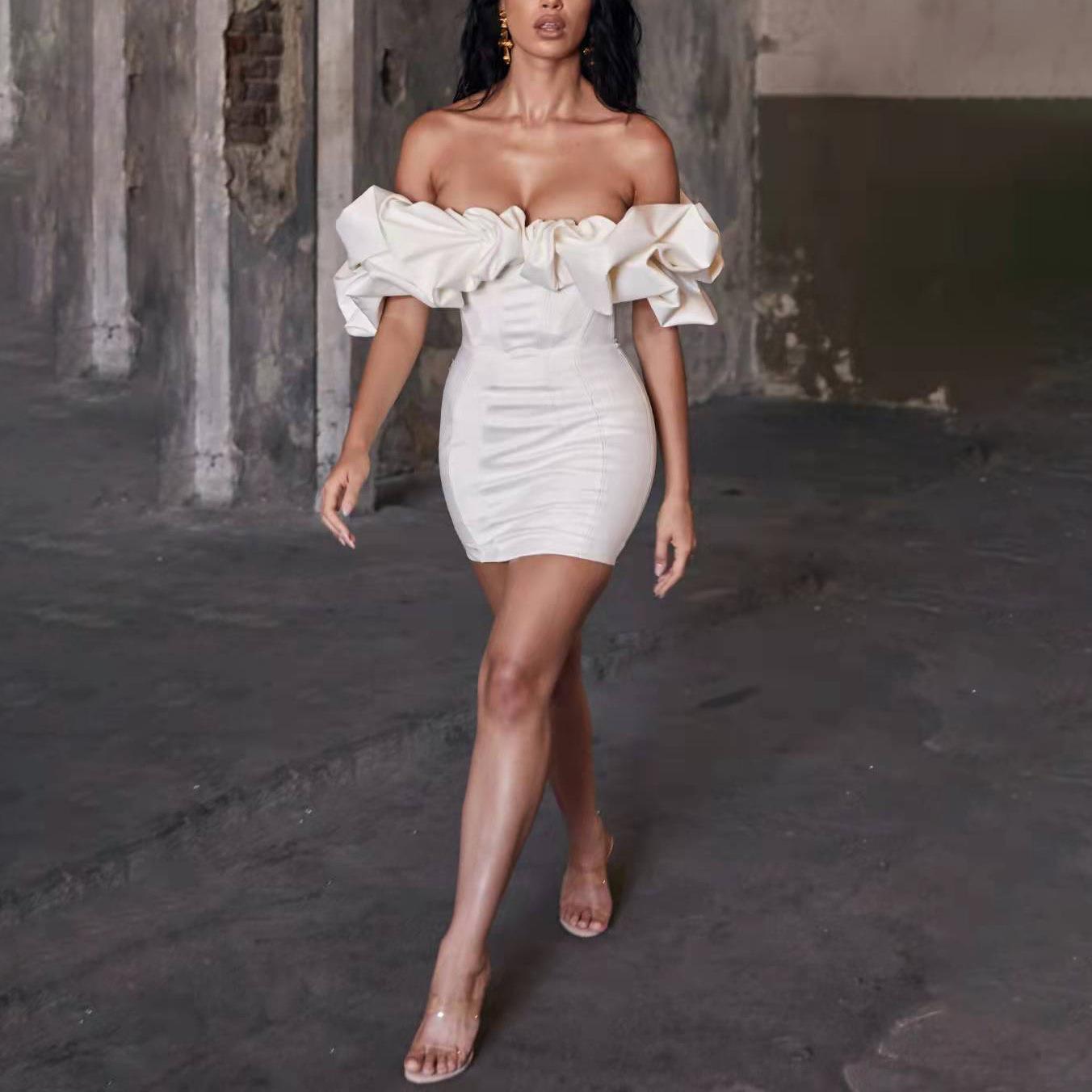 bandeau one-shoulder herringbone ruffled dress