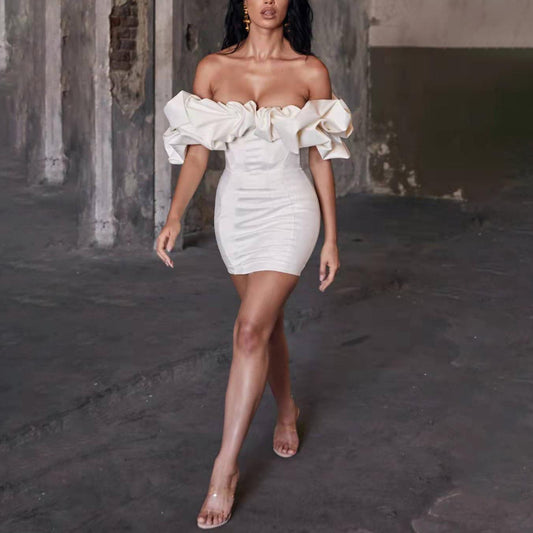 bandeau one-shoulder herringbone ruffled dress