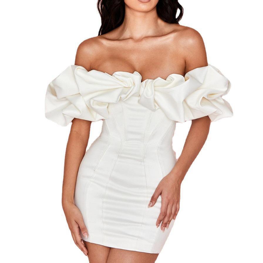 bandeau one-shoulder herringbone ruffled dress