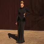 Solid color long-sleeved turtleneck temperament slim-fitting pleated backless long dress
