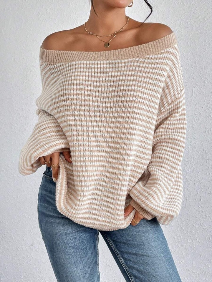 One-word collar contrasting striped knitted sweater