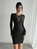 Solid color mesh stitching chest design long-sleeved slim-fit dress