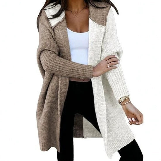 Medium and long hooded knitted cardigan