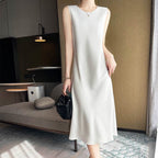 Crew neck silk suspender dress, acetate satin mid-length dress with silk inside