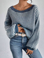 One-word collar contrasting striped knitted sweater