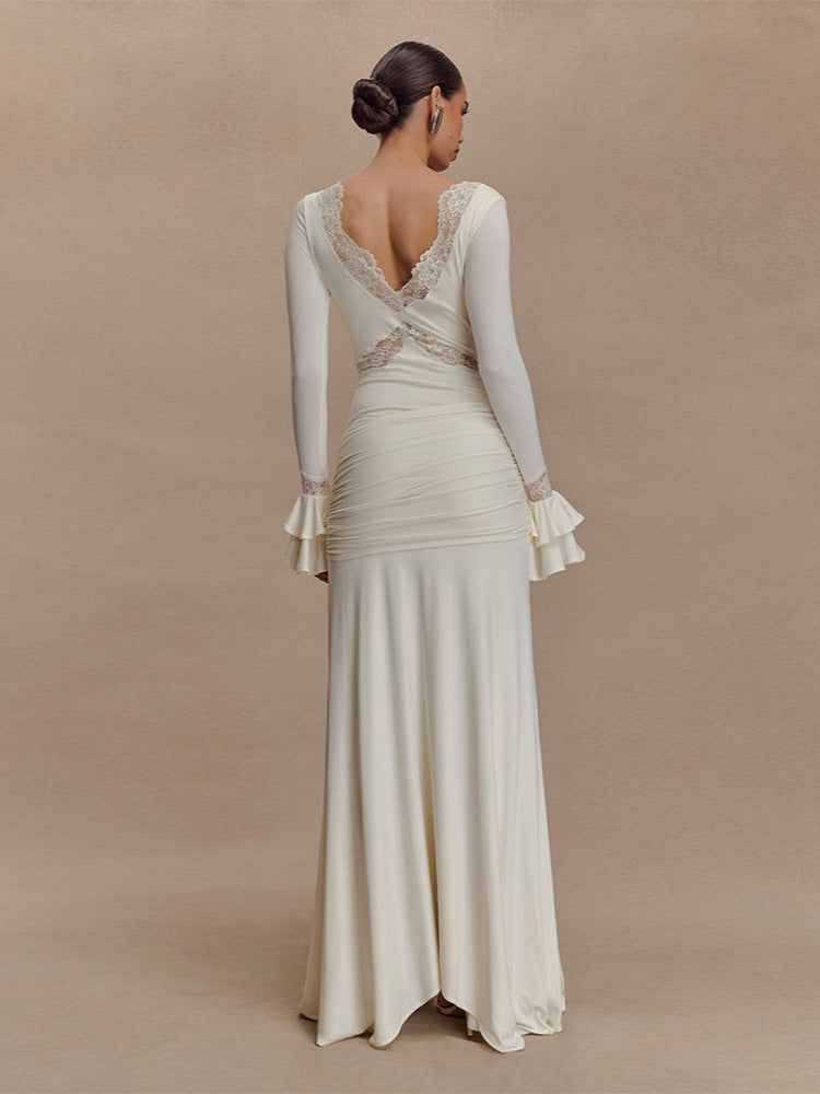 V-neck lace see-through slim-fit dress