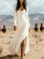 Vintage Western-style button-down pleated long sleeve sexy maxi skirt