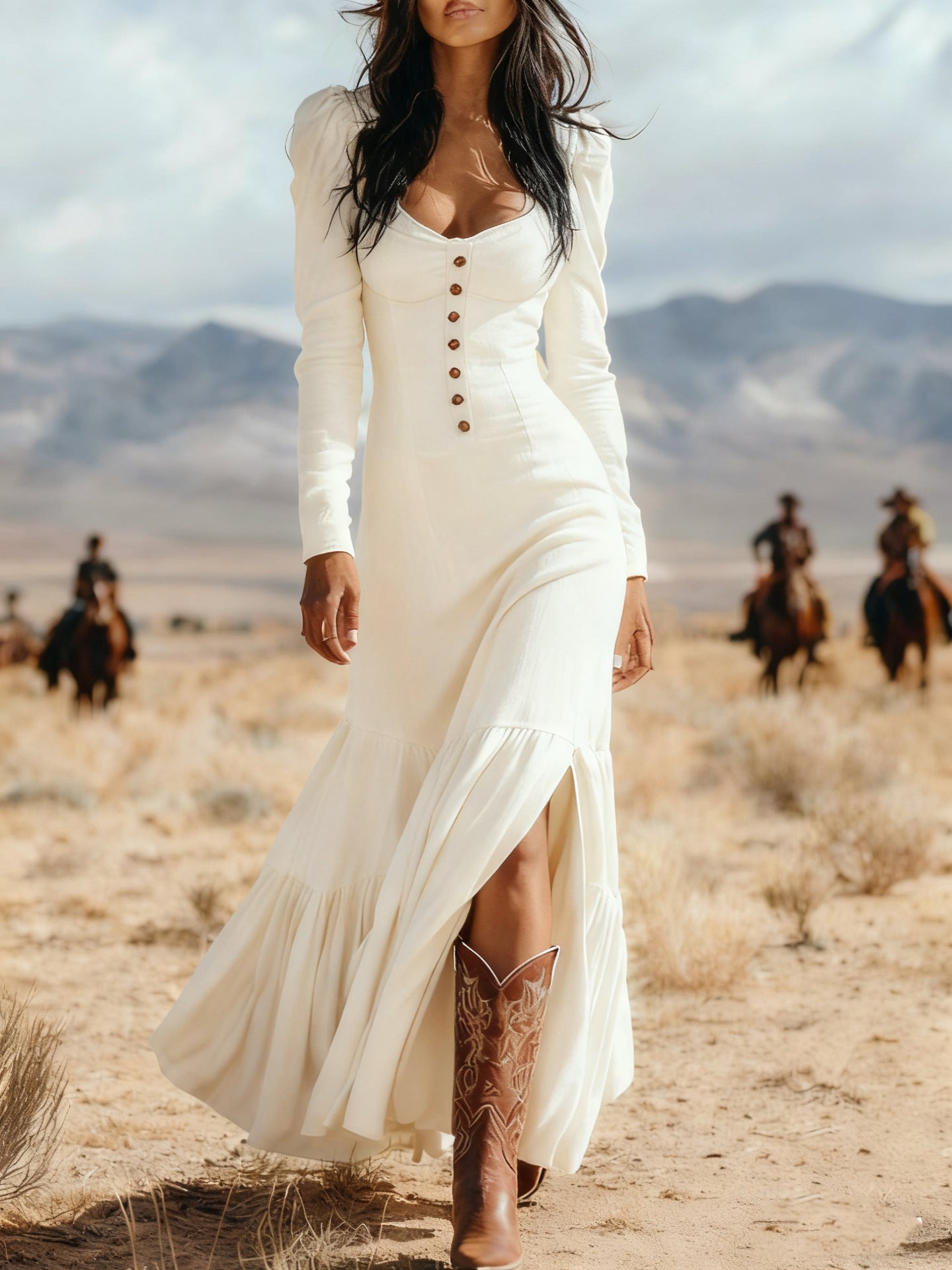 Vintage Western-style button-down pleated long sleeve sexy maxi skirt