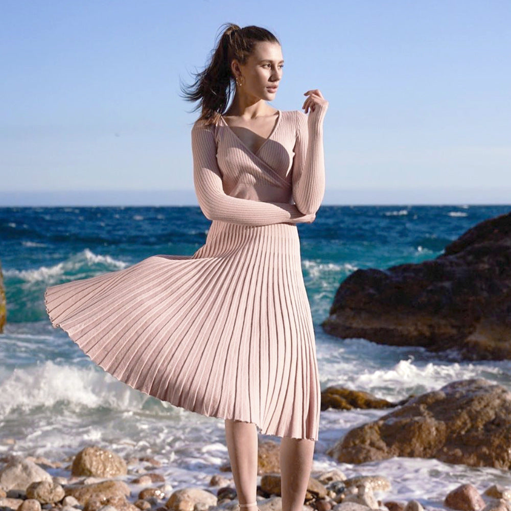 Long Sleeve V-Neck Breast Wrap Medium and Long Knitted Pleated Dress Bottom Dress