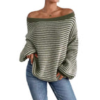 One-word collar contrasting striped knitted sweater