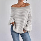 One-word collar contrasting striped knitted sweater