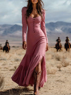 Vintage Western-style button-down pleated long sleeve sexy maxi skirt