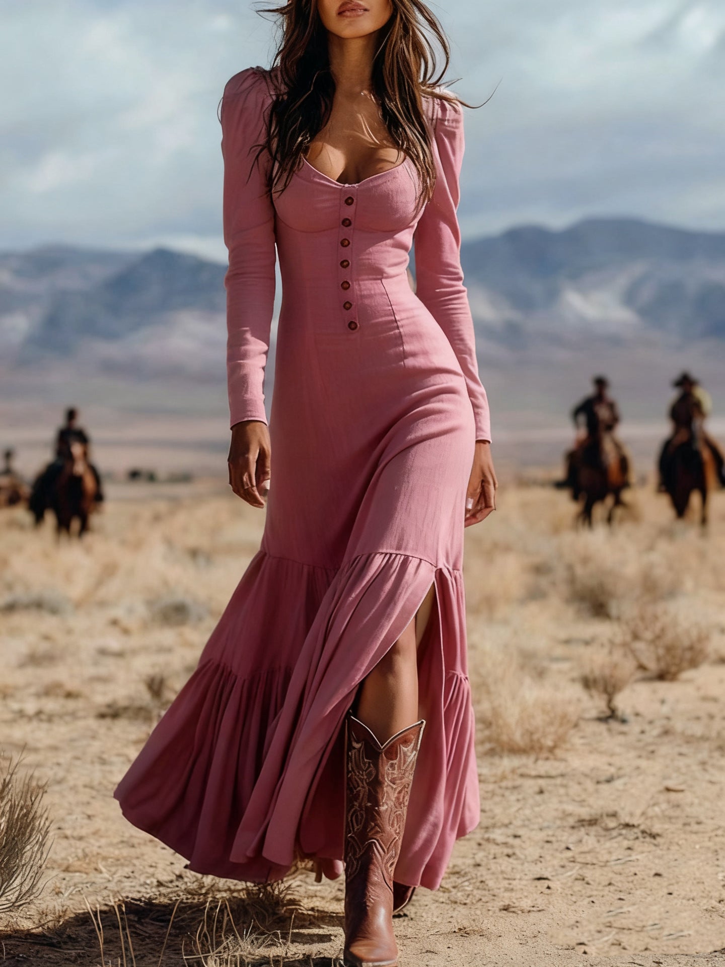 Vintage Western-style button-down pleated long sleeve sexy maxi skirt