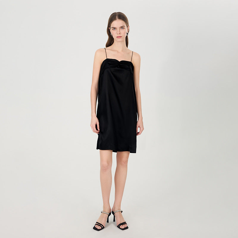Silk dress black small bow mulberry silk suspender skirt