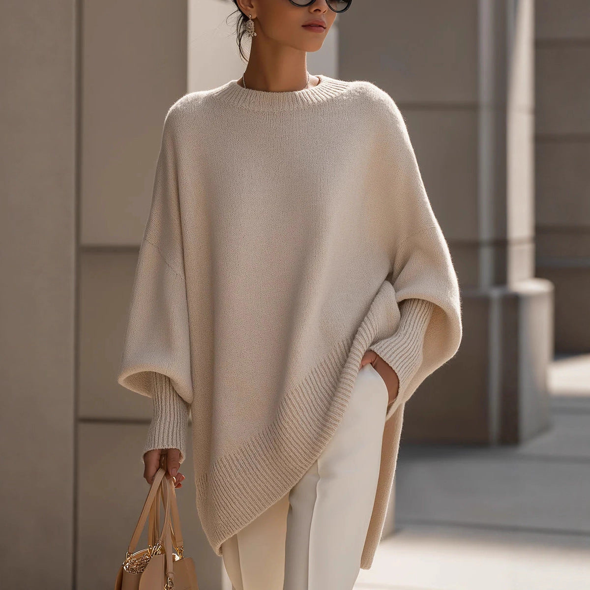 Crew neck pullover solid color knitted sweater