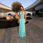 Sexy beautiful back deep V exposed navel solid color pleated splicing dress