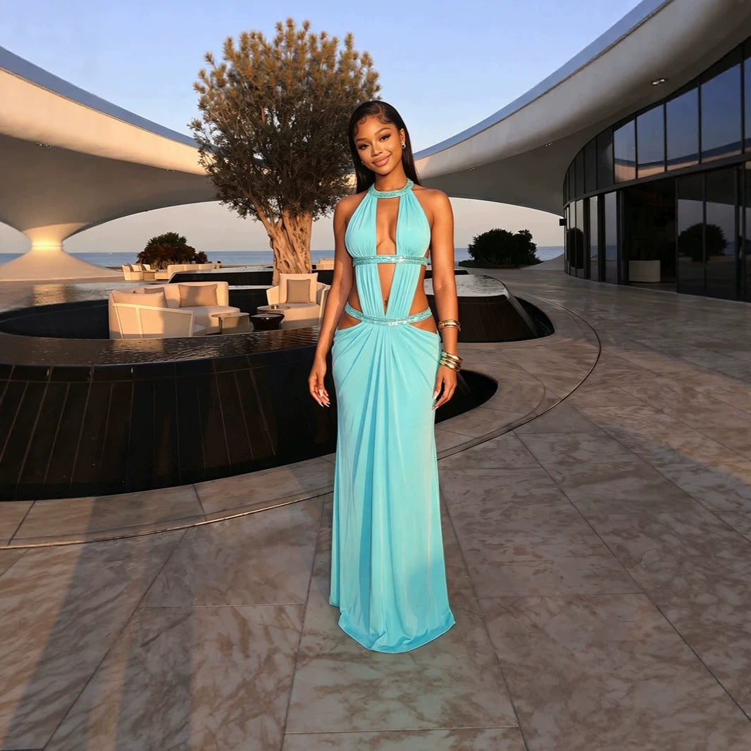 Sexy beautiful back deep V exposed navel solid color pleated splicing dress