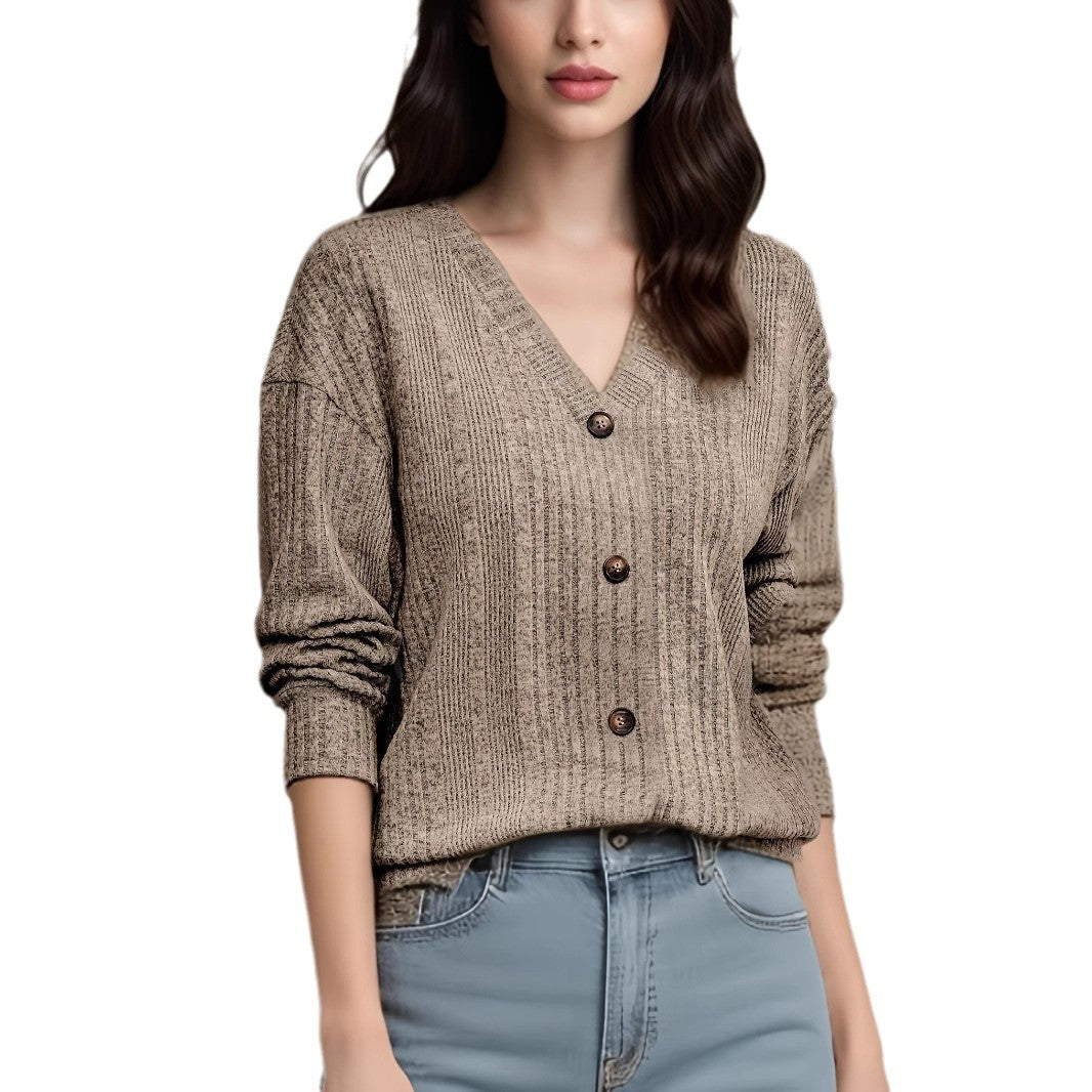 2025 Autumn/Winter New Knitted Button Sweater Casual Long Sleeve Loose Top Women's T-Shirt