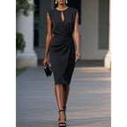 Solid color pleated waist round neck hollow dress