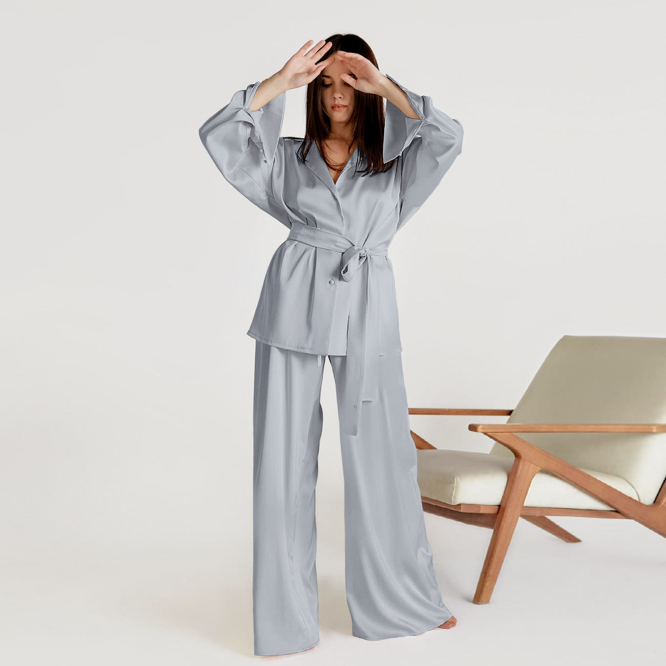 Simulation silk loose long-sleeved nightgown trousers pajama set