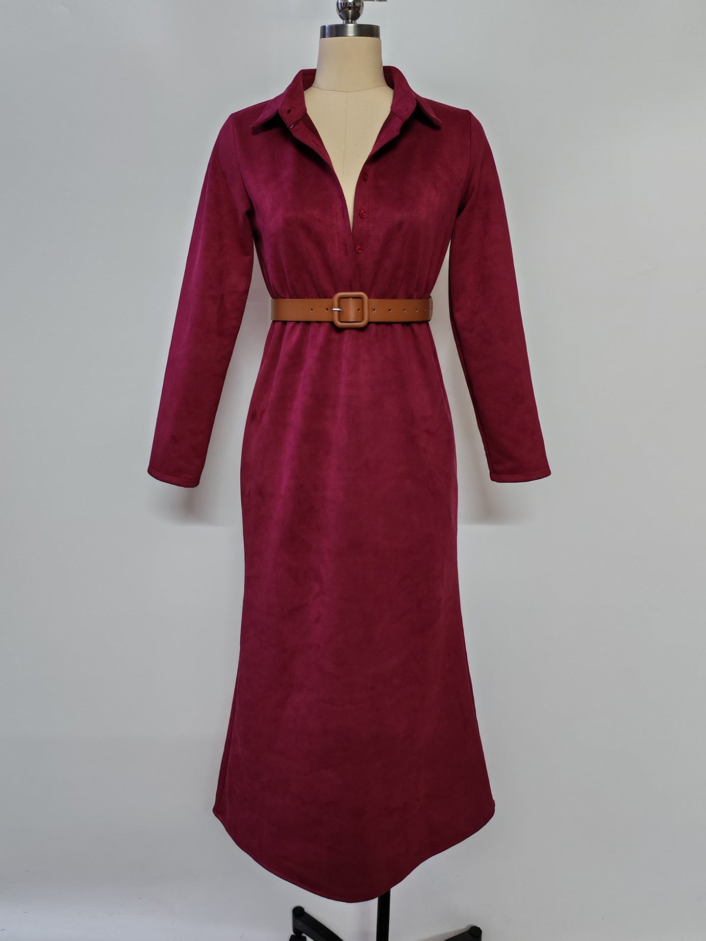 Suede waist long dress shirt skirt with belt