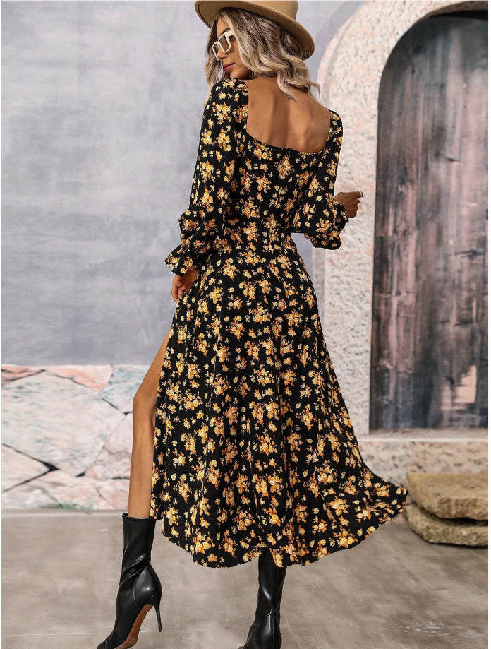 Printed long-sleeved square neckline dress with slit