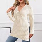 Long sleeved solid color V-neck casual home pit strip top