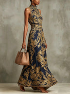 Vintage gold embroidered long dress