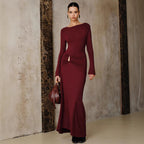 Burgundy Long Dress Metal Accessories Slim Fit Dress