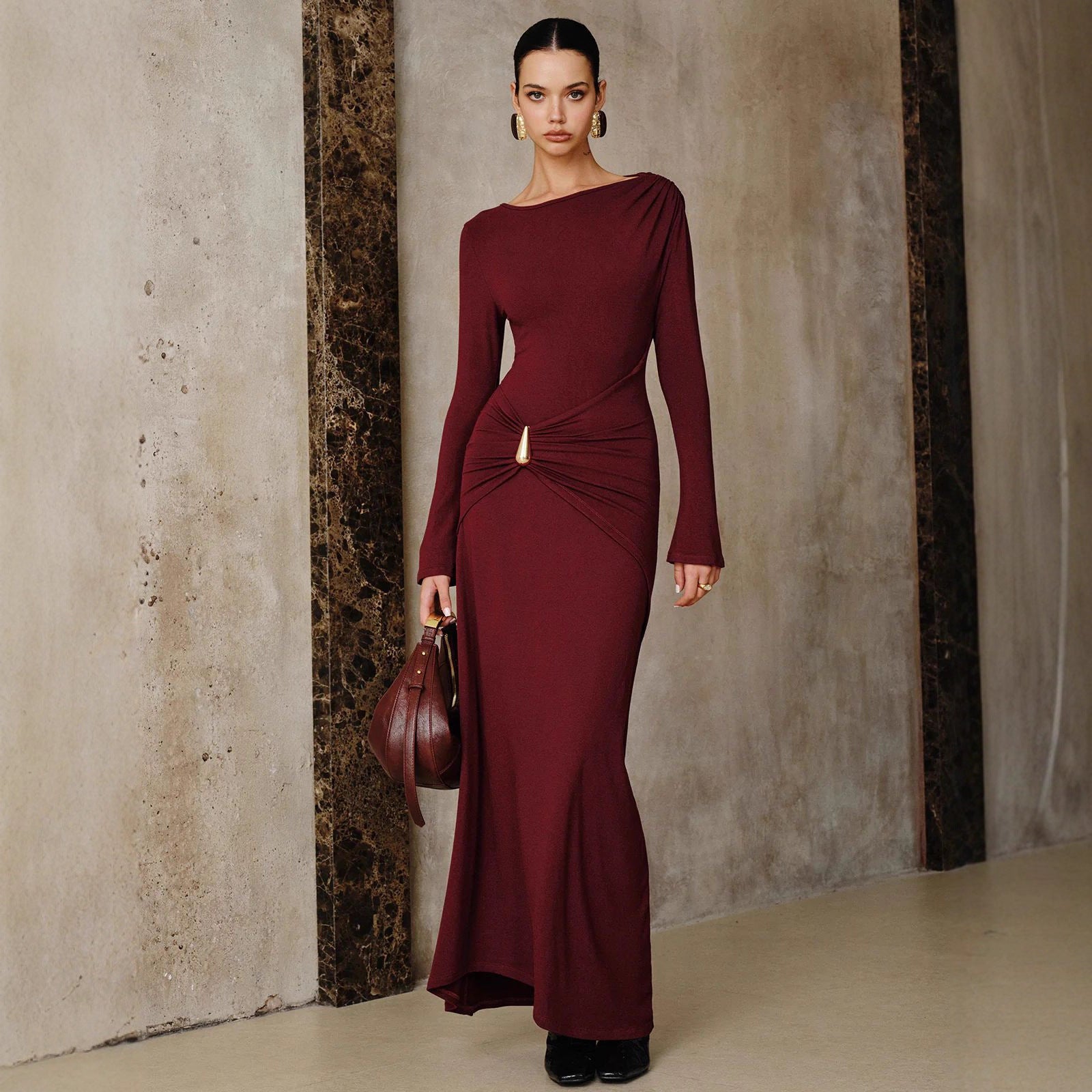 Burgundy Long Dress Metal Accessories Slim Fit Dress
