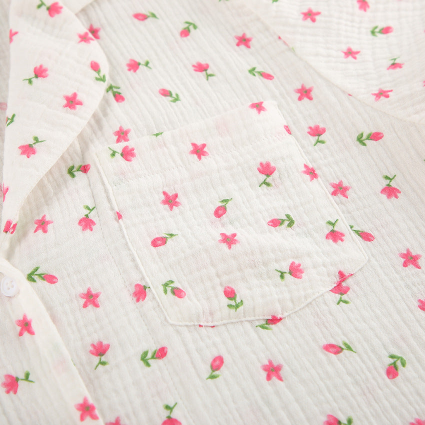 Printed short-sleeved cotton and silk pajamas
