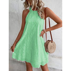 Lace Solid Color Sleeveless Button Neck Dress