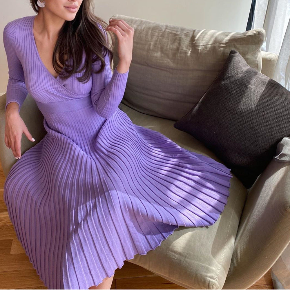 Long Sleeve V-Neck Breast Wrap Medium and Long Knitted Pleated Dress Bottom Dress