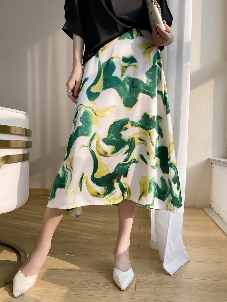 Silk satin 2026 spring and summer women's skirt temperament printing French umbrella skirt loose high waist over the knee A-shaped skirt