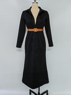 Suede waist long dress shirt skirt with belt