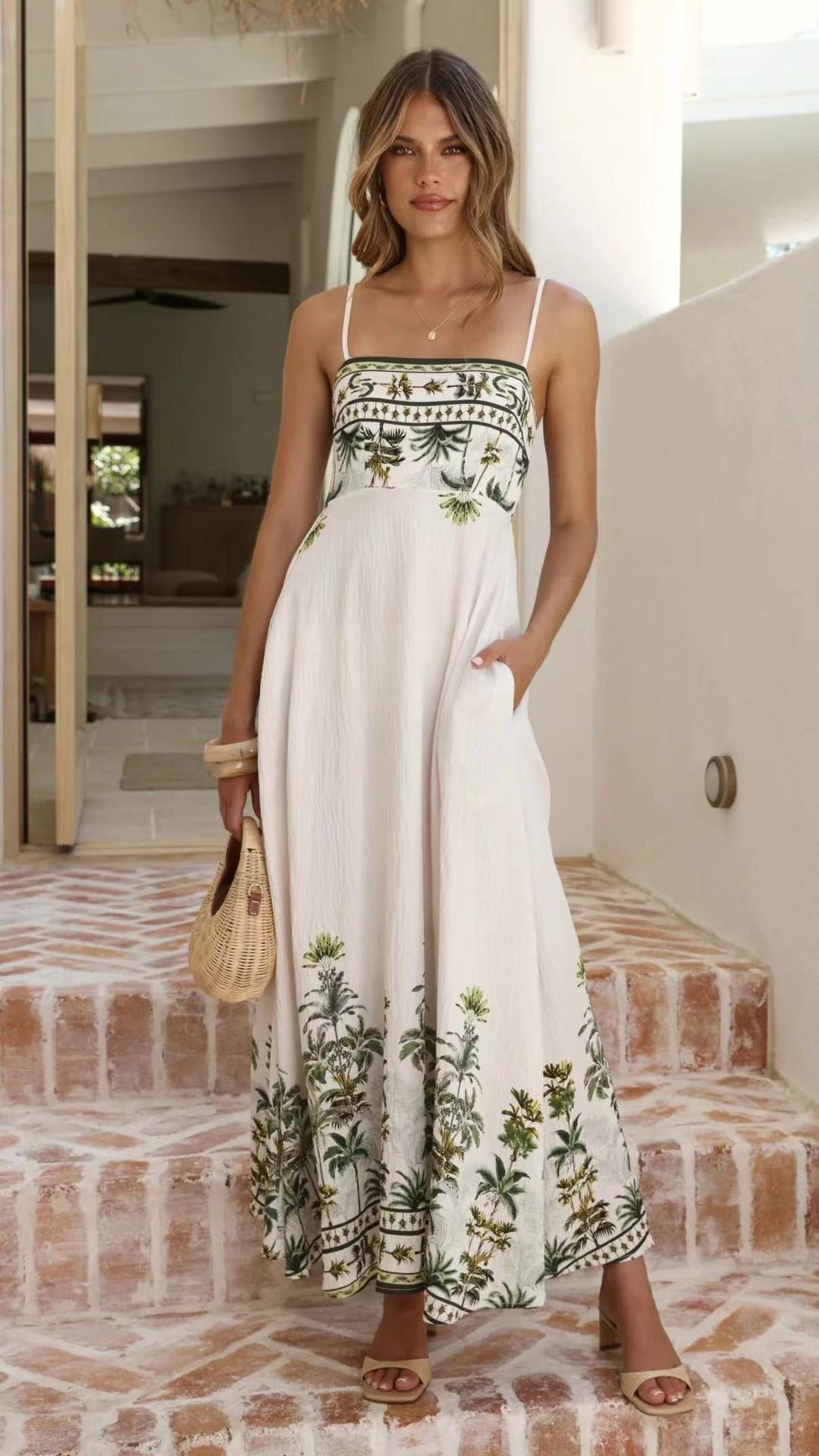 Printed suspender halter dress