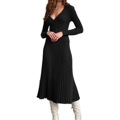 Long Sleeve V Neck Breast Wrap Medium and Long Knitted Pleated Dress Bottom Dress