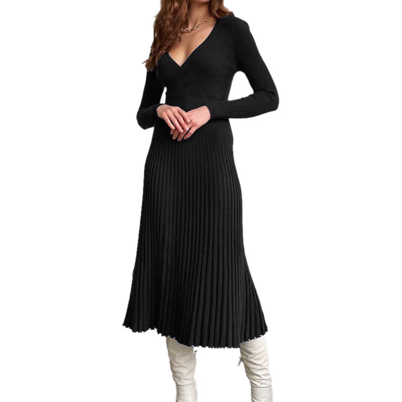 Long Sleeve V-Neck Breast Wrap Medium and Long Knitted Pleated Dress Bottom Dress