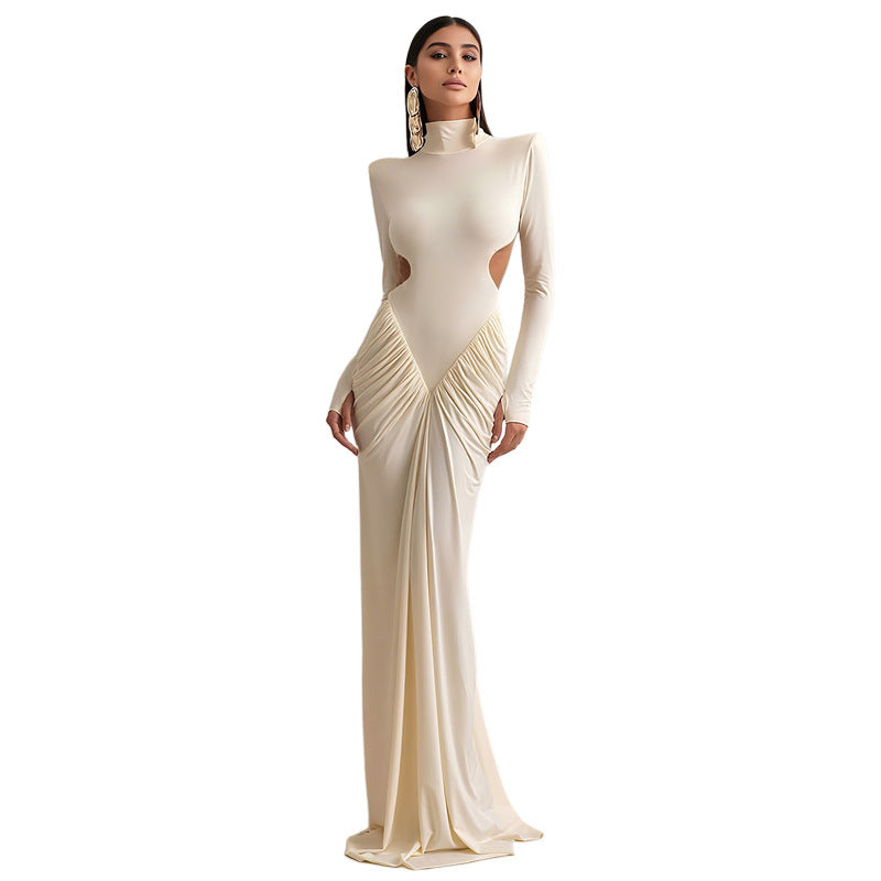Solid color long-sleeved turtleneck temperament slim-fitting pleated backless long dress