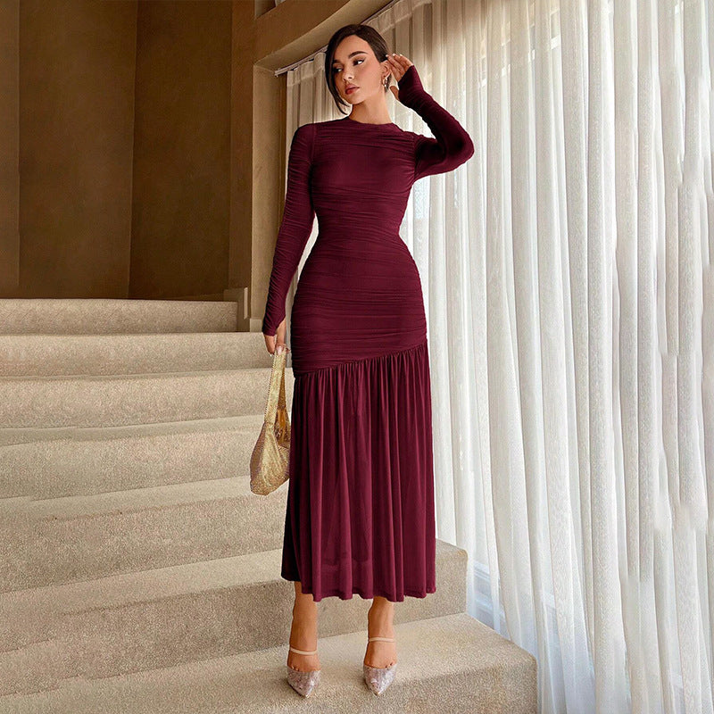 Lace pleated crew neck solid color dress