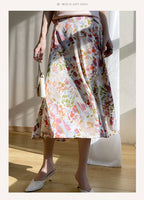 Silk satin 2026 spring and summer women's skirt temperament printing French umbrella skirt loose high waist over the knee A-shaped skirt