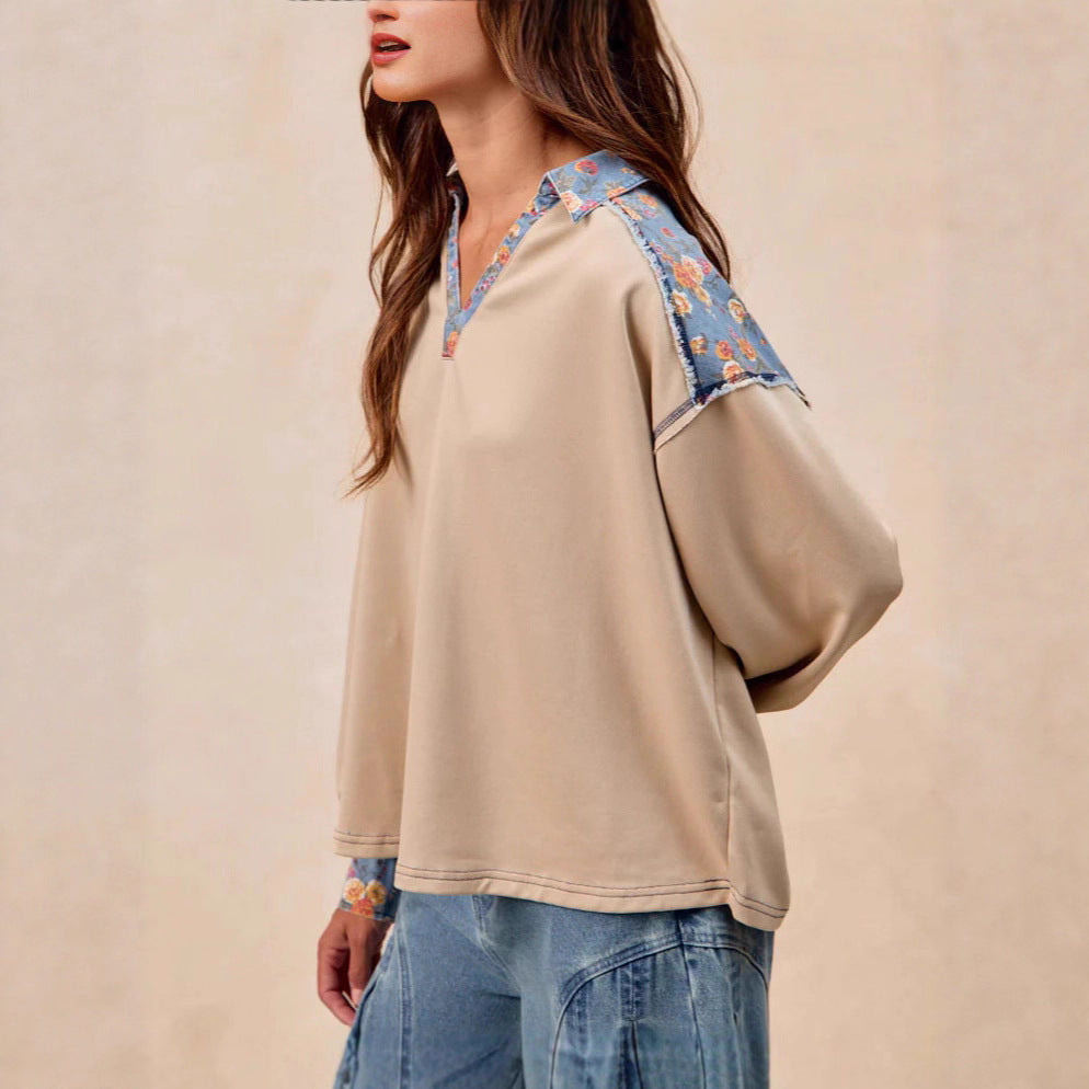 French Casual Loose Lapel Splicing Cloth Sweater Long Sleeve Top