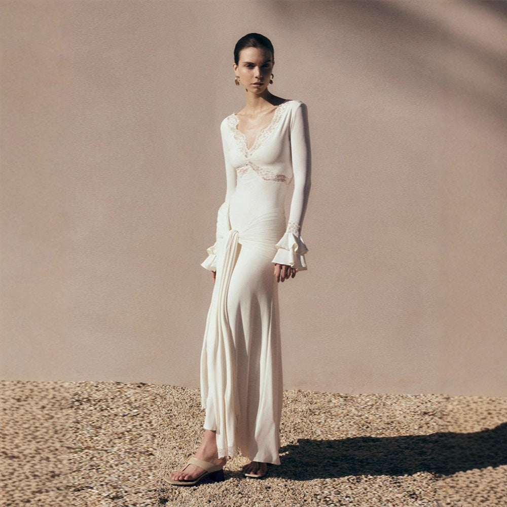 V-neck lace see-through slim-fit dress