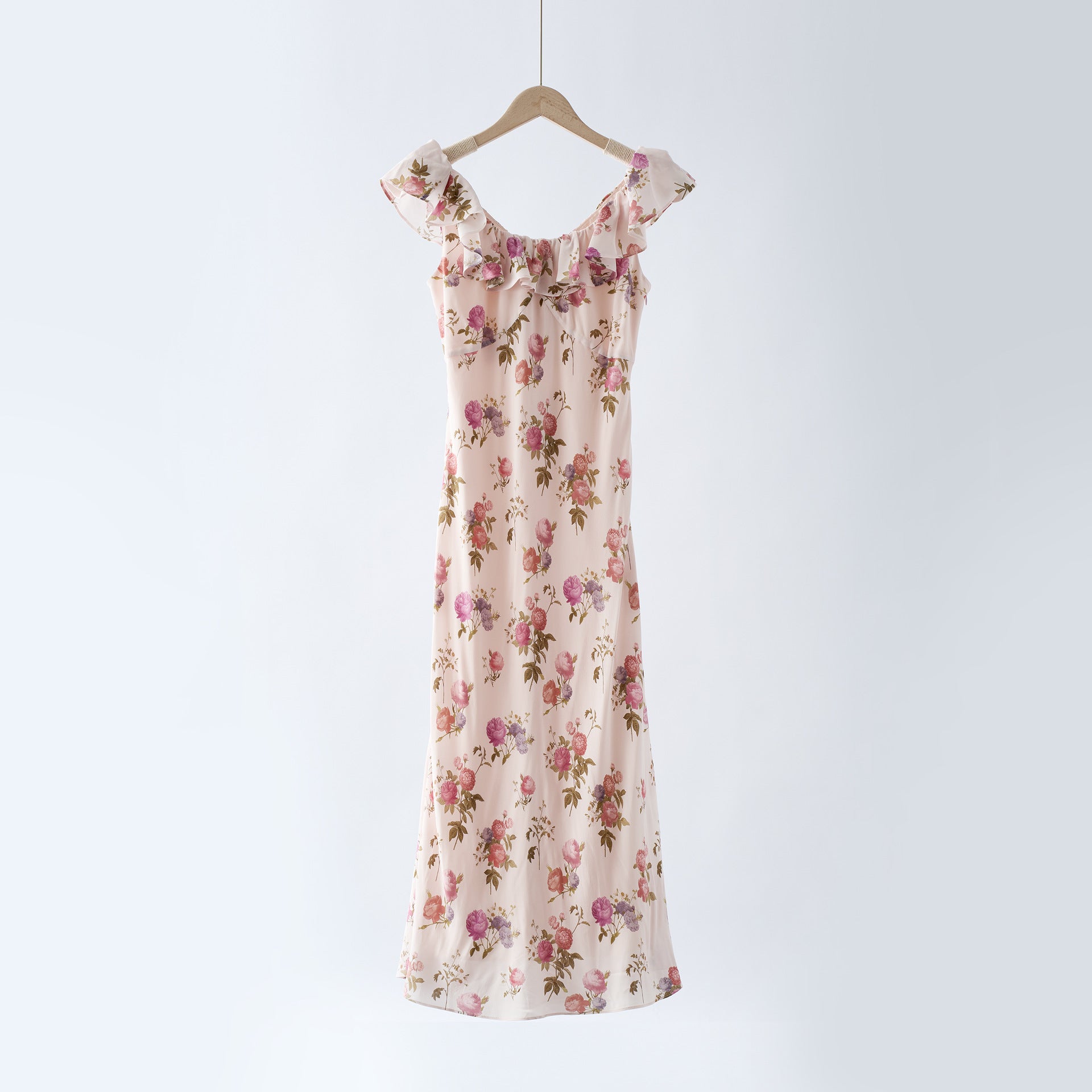 Little Rose Temperament Mulberry Silk Lotus Leaf Edge Dress